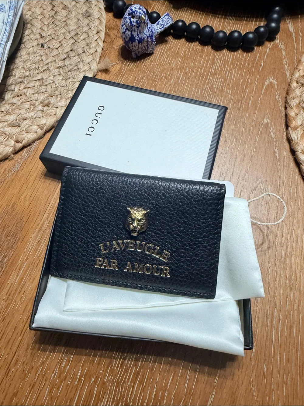 Gucci Tiger Card Holder with Gold 'L'Aveugle Par Amour' Emblem